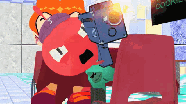 a cartoon character is holding a camera in front of a cookie sign