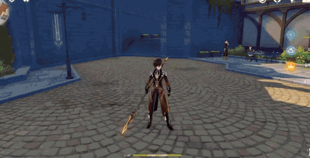 a man in a suit is standing in front of a building in a video game and holding a sword .