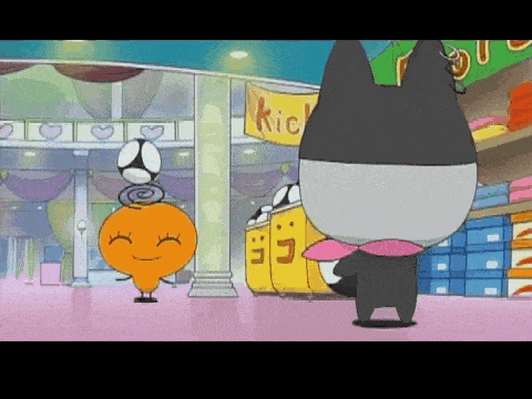a cartoon character is standing in front of a store with a sign that says kick