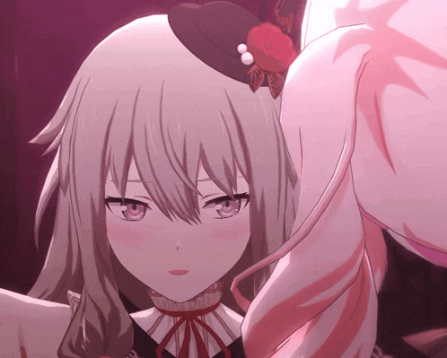 a close up of a anime girl with a hat on her head