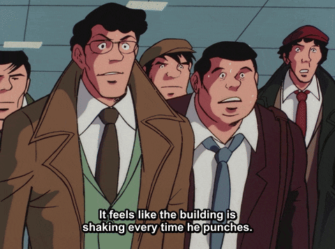 a group of men standing next to each other with the words it feels like the building is shaking every time he punches above them