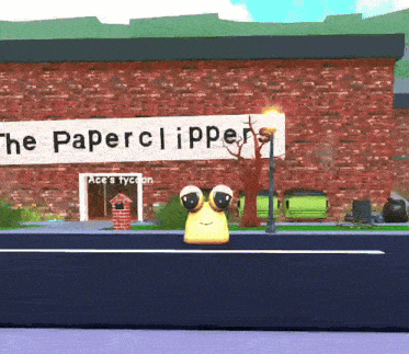 a cartoon character is standing in front of a building that says " the paperclippers "