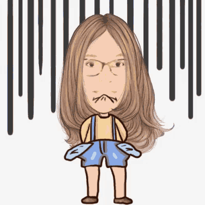 a cartoon of a girl with long hair and glasses holding her hands out