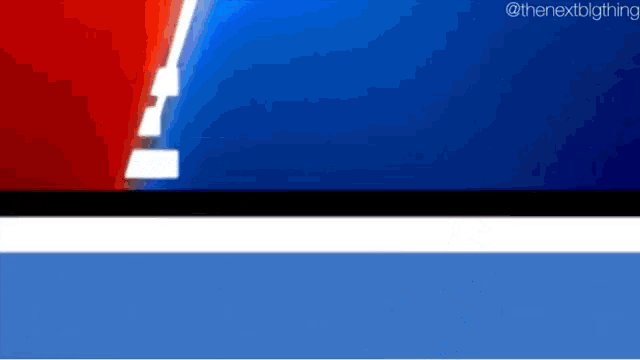 a red and blue background with a white arrow on it