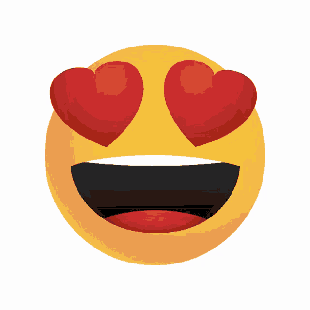a yellow smiley face with heart shaped eyes and a black mouth