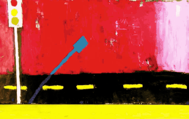 a painting of a street with a traffic light and a blue object
