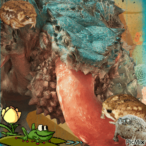 a collage of frogs and a dinosaur with the word picmix at the bottom