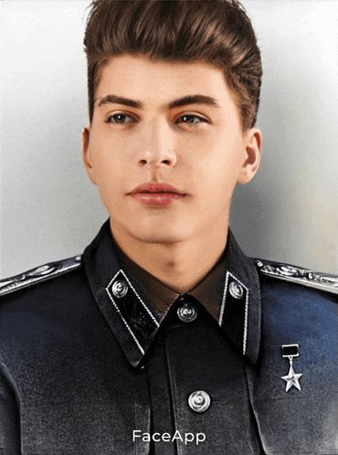 a young man in a military uniform with face app written on the bottom right