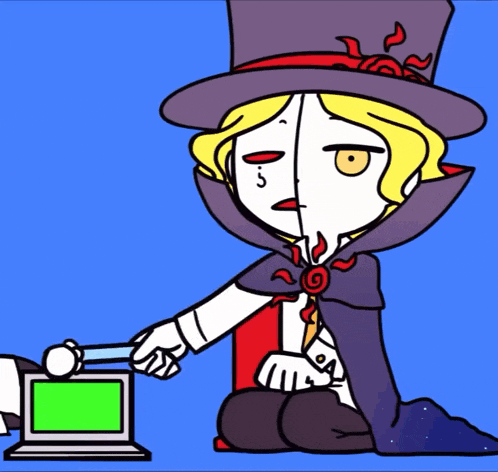 a cartoon drawing of a man in a top hat and cape with a green screen