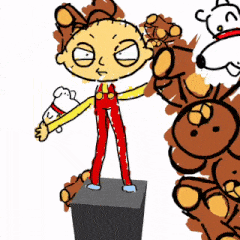 a cartoon drawing of stewie griffin standing on a pedestal