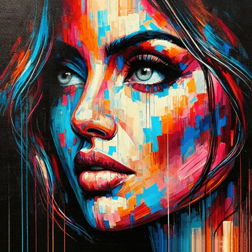 a colorful painting of a woman 's face with a blue eye