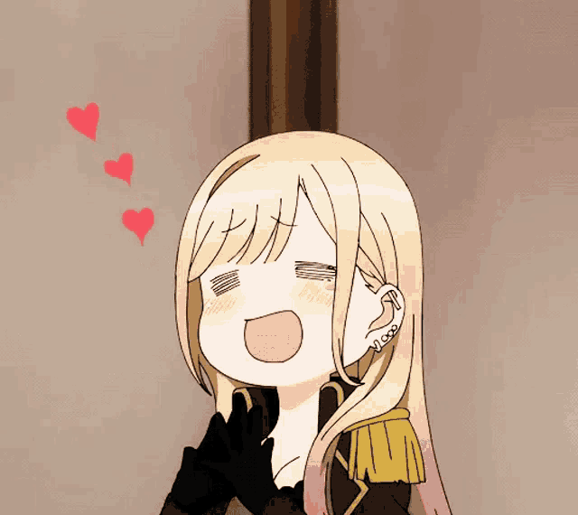 a cartoon of a girl with her mouth open and three red hearts above her head