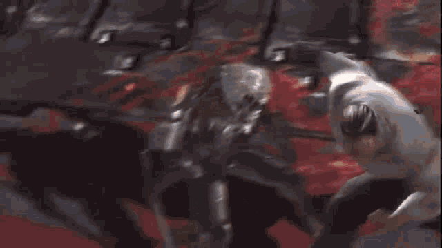 a man in a white shirt is fighting a robot in a video game with a sword .