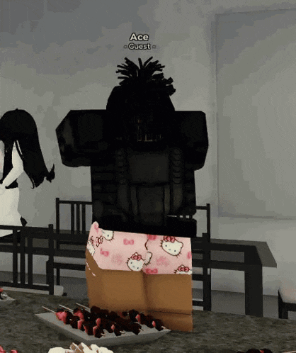 a video game character named ace guest is standing in a room