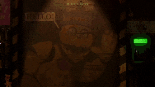 a video game character with glowing eyes is looking at the camera