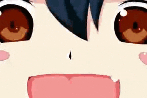 a close up of a anime girl 's face with brown eyes and a pink tongue .