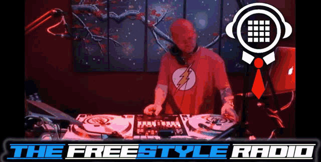 a man is playing music in front of a sign that says ' the freestyle radio '