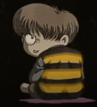 a cartoon boy is sitting down with his back to the camera and wearing a striped shirt .