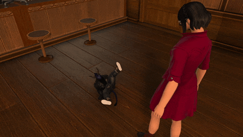 a woman in a red dress stands next to a black cat