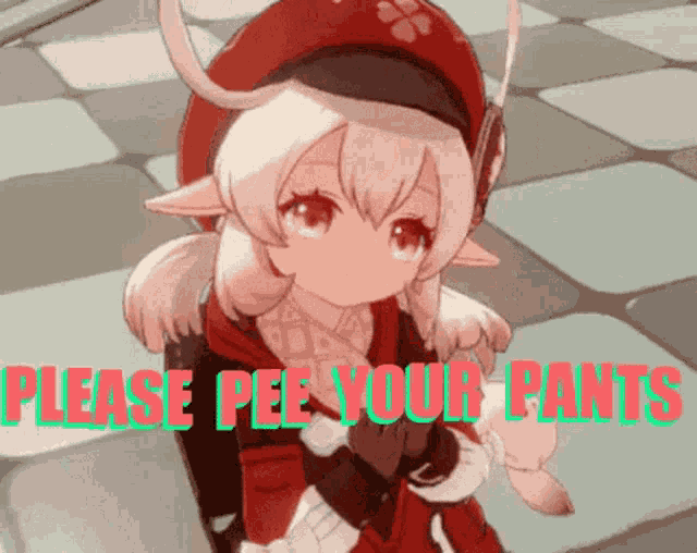 a girl in a red hat is standing on a checkered floor and says `` please pee your pants '' .