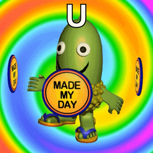 a cartoon character is holding a sign that says " made my day "