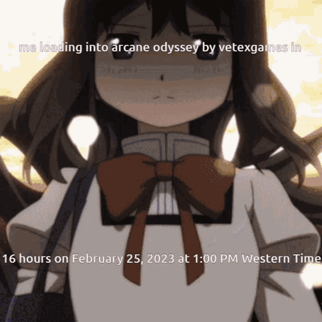 a picture of a girl with the words " me loading into arcane odyssey " on it