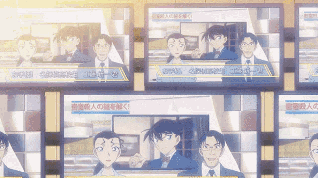 a bunch of tv screens showing cartoon characters with chinese writing on them