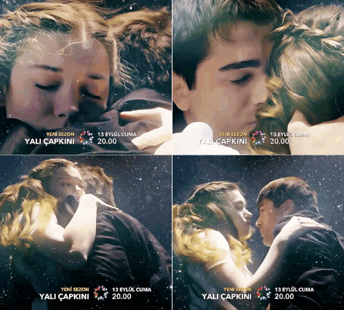 four pictures of a man and a woman hugging with the date 13 eylül cuma at the top