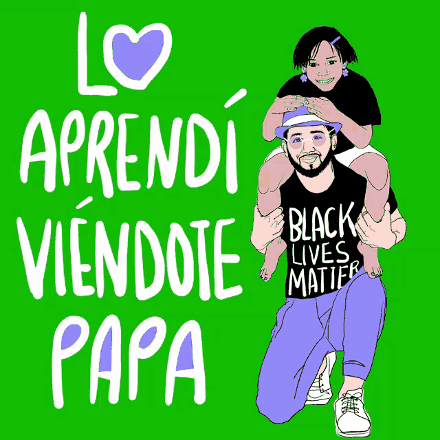 a man is carrying a little girl on his shoulders and he is wearing a black shirt that says black lives matter