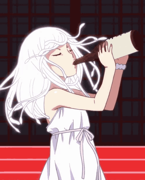 a girl in a white dress drinking from a bottle