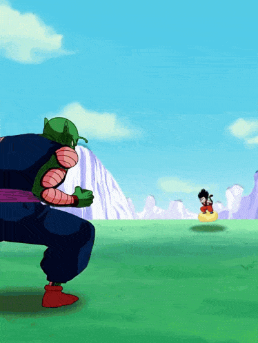 a cartoon of piccolo and goku in a field with mountains in the background