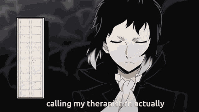 a man in a tuxedo with his eyes closed says calling my therapist rn actually