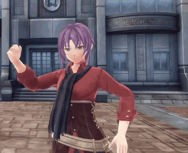 a girl with purple hair and a scarf stands in front of a building that says ' a ' on it