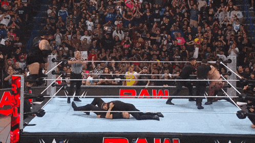wrestlers in a wrestling ring with a crowd behind them and a banner that says raw
