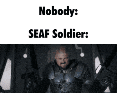 a man with a beard is holding two guns in front of a white background that says nobody seaf soldier