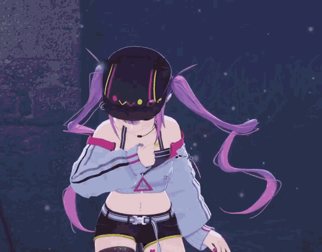 a girl with purple hair and green eyes wearing a black hat