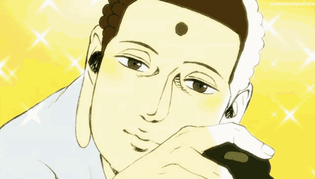 a drawing of a buddha with a hand on his face and a yellow background