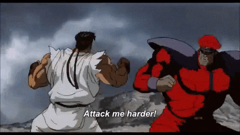 two cartoon characters are fighting each other and one of them is saying attack me harder !