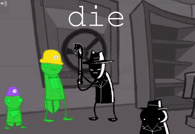 a cartoon of a man holding an axe with the word die written above him