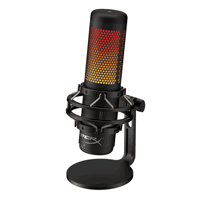 a black hyperx microphone is sitting on a stand with a white background