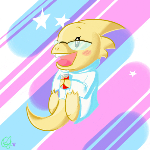 a drawing of a lizard with glasses and a can of soda on a pink and blue background
