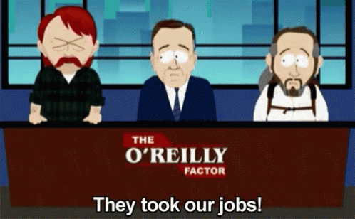 a cartoon of three men sitting at a table with the words they took our jobs