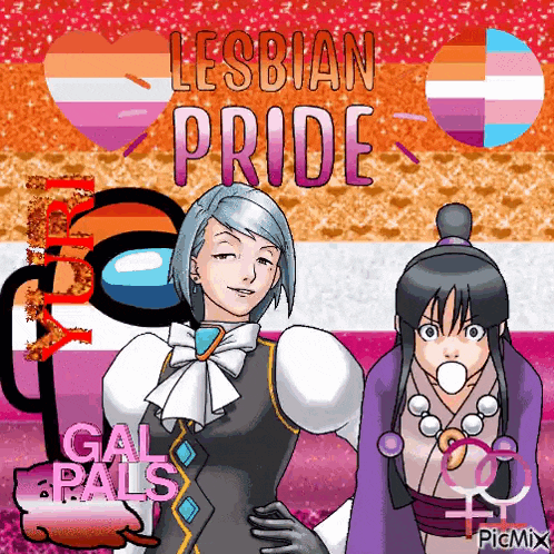 a cartoon of two women standing next to each other with the words lesbian pride written above them .