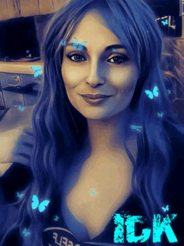 a woman with blue hair is surrounded by blue butterflies and the word ick