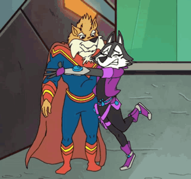 a cartoon of a man in a superhero costume hugging another cartoon character