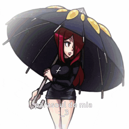 a girl with red hair is holding an umbrella with the words parasoul de mia written below her