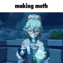 a cartoon character is holding a microphone and making meth in a video game .