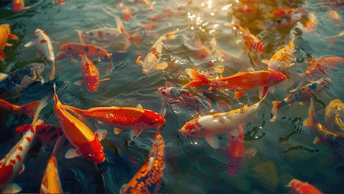 a bunch of fish are swimming in a pond