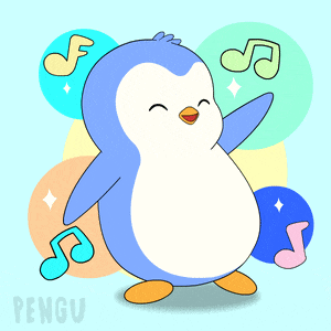 a penguin is surrounded by music notes and has the word pengu on the bottom