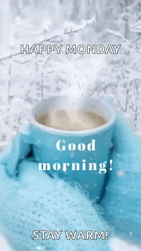a cup of coffee with steam coming out of it is being held in a pair of mittens .